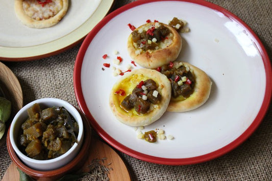 Mini Pizza Bianca with Smoked Scamorza and Brinjal Caponata