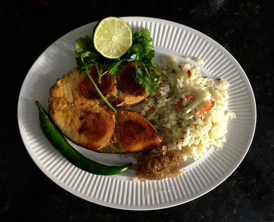 Fried Kingfish with Cauliflower Rice and White Pumpkin Murabba